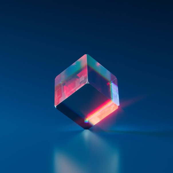 transparent cube glowing red and blue